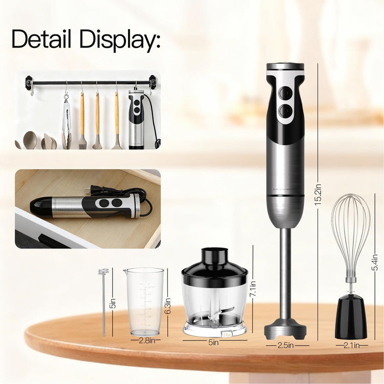 5-in-1 Hand Blender, Powerful Immersion Stick Blender with Titanium Reinforced Blades, 12-Speed Control, Includes Chopper, Beaker, Whisk & Frother for Smoothies & Baby Food