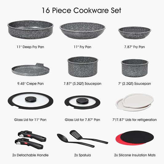 ROSSETTO 16pcs Aluminium Nonstick Pots and Pans Set from France with detachable Handle, Stackable, Ceramic RV Kitchen Cookware Sets Removable Handle, PFOA and PTFE Free, Oven Safe, Induction