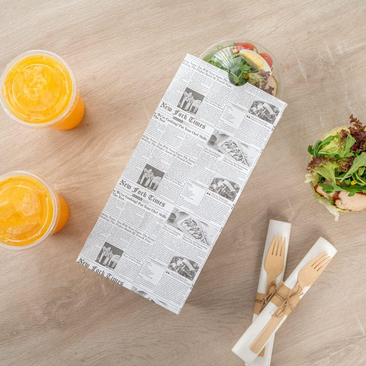 Bag Tek 8 Lb Disposable Lunch Bags, 100 Sturdy Take Out Bags - Flat Bottom, Microwavable, Newsprint Design Paper Bags, Freezable, Great For Restaurants, Cafes, And Bakeries - Restaurantware