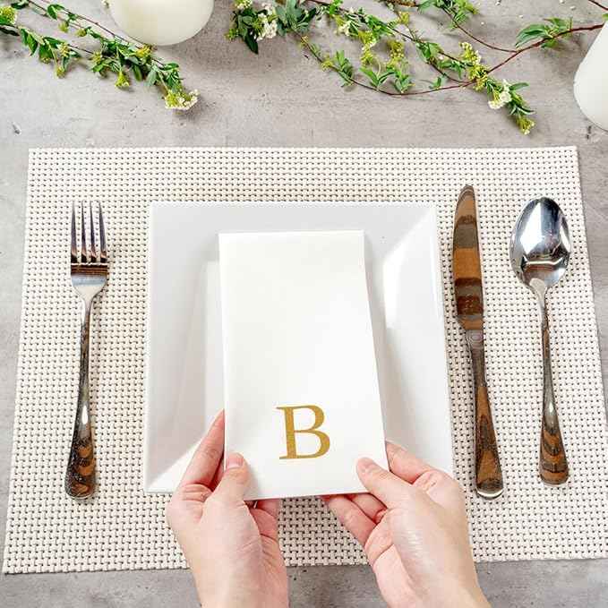 Luxenap 15.8 X 7.9 Inch Linen-Feel Guest Towels, 50 Lettered Hand Towels - Gold Letter 'B', Sans Serif Font, White Paper Dinner Napkins, airlaid, For Restrooms And Tables - Restaurantware