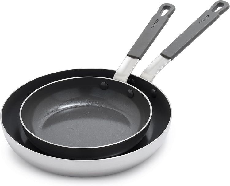 GreenPan x Bobby Flay Stainless Steel 8” & 10” Frying Pan Skillet Set, Professional Grade Tri-Ply, Multiclad, PFAS-Free Ceramic Nonstick, Induction Suitable, Dishwasher & Oven Safe, Stay Cool Handle - Nestoria