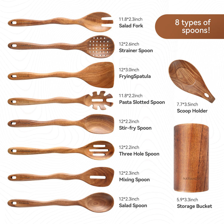 Kitchen 10PCS Teak Wooden Utensils Set With Holder and Spoon Rest (10 Count)