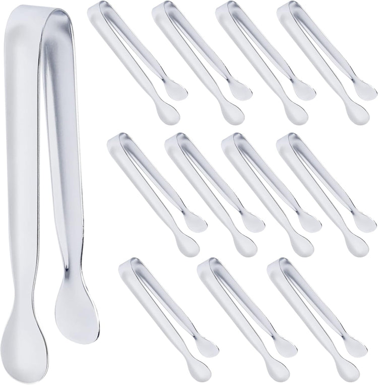 DUGATO 12 Pack Mini Serving Tongs (4.3 Inch Stainless Steel) - Small Appetizer, Sugar Cube & Ice Tongs for Tea Party, Coffee Bar, Buffets - Silver