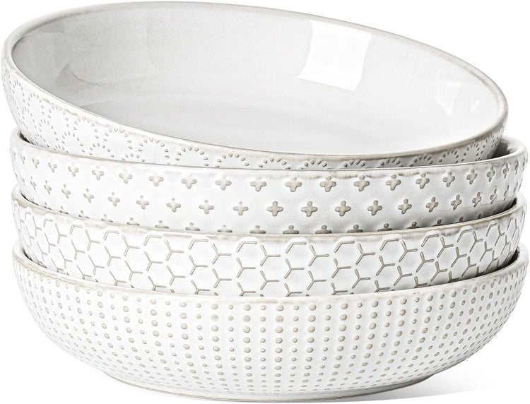 LE TAUCI Pasta Bowl 36 oz, Salad Bowl Serving Plate Bowls, Housewarming Wedding Present, Ceramic Embossment Bowl for Pasta, Fruits, Salad, Noodle, Dinner - 8 Inch, Set of 4, Arctic White