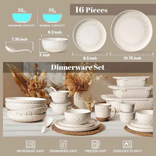 Artena Plates And Bowls Sets, 16 Pieces Dinnerware Sets, Dish Set For 4, Ceramic Kitchen Bowl And Plate Set, Embossed White Dishware Sets, Dishwasher & Microwave Safe (Wheat Leaf)