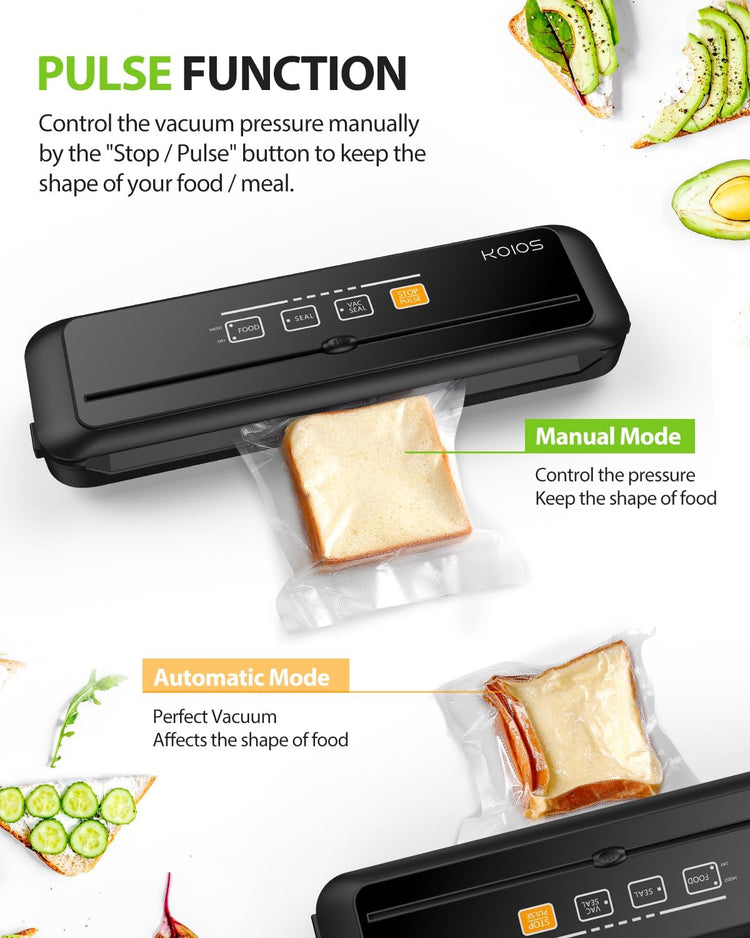 KOIOS Vacuum Sealer Machine, 90Kpa Automatic Vacuum Air food sealer/Built-in Cutter Starter Kit, Dry & Moist Food Preservation Modes, Pulse Function, LED Indicator Lights, Black