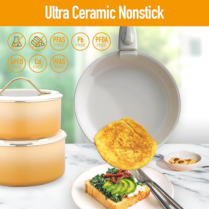 ONGIFT 20pcs Ceramic Cookware Set Nonstick, Detachable Handle Pots and Pans Set, Non Toxic,No PFAS & PTFE & PFOA, Dishwasher/Oven Safe, RV Kitchen Set Removable Handle for Cooking, Yellow