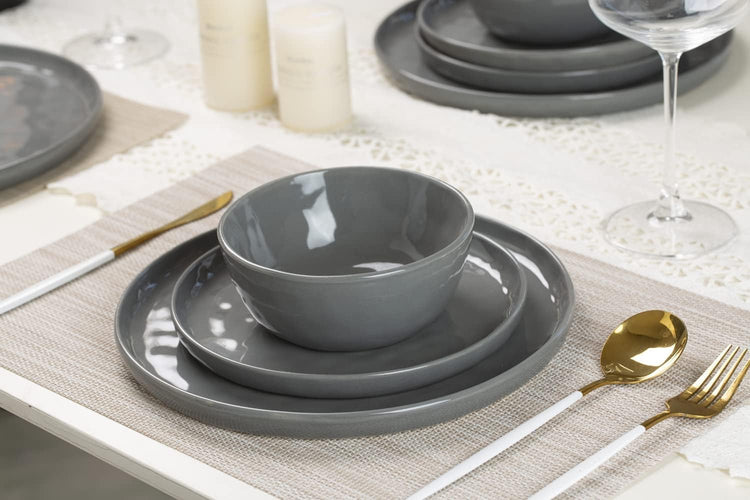 Famiware Mars Plates and Bowls Set, 24 Pieces Dinnerware Sets, Dishes Set for 8, Dark Gray