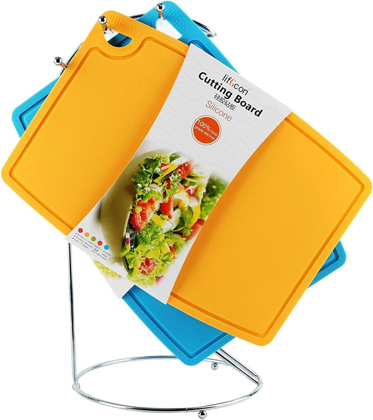 Thick Cutting Boards for Kitchen Silicone Chopping Board Set of 2 Mid 12.6'' x 9.1”,Mini 9.1”x7.1” Non-slip Deep Drip Juice Groove Easy Grip Handle,Dishwasher Safe-Yellow