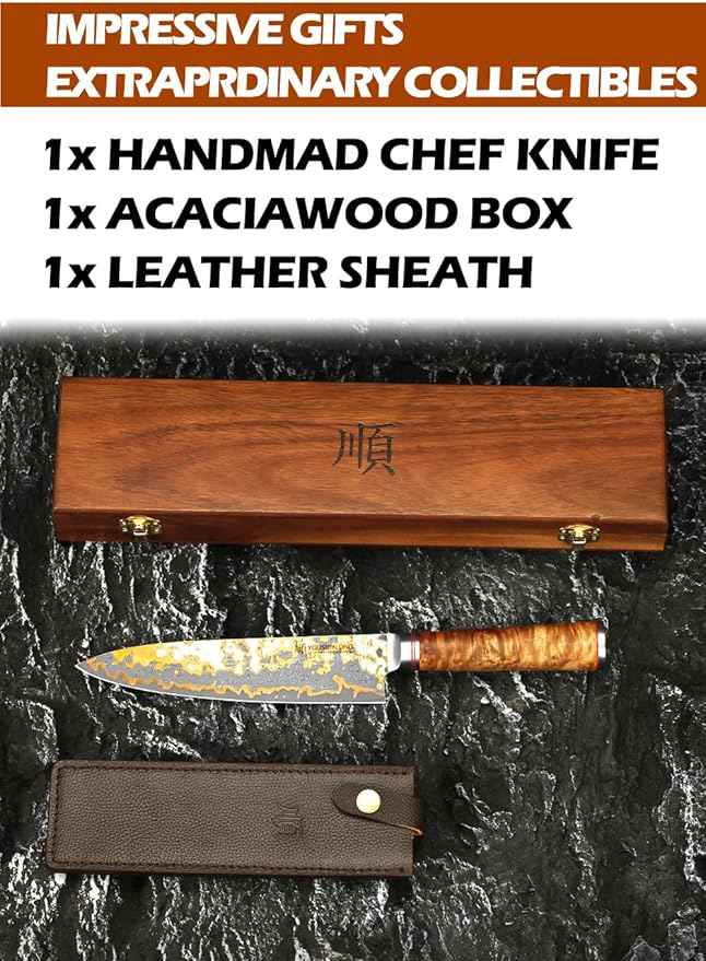 YOUSUNLONG Chef Knife - 8'' Blade Japanese Handmade Copper Damascus Steel - Professional Chef's Knife - Razor Sharp Slicing Knife - Naturel Burl Wooden Handle with Leather and Acacia Wood Box