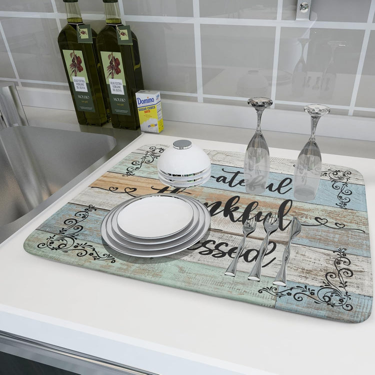 Rustic Wood Dish Drying Mat 18x24 Inch Grateful Thankful Blessed Kitchen Drainer Mats Absorbent Microfiber Rack Holder Countertop Pad