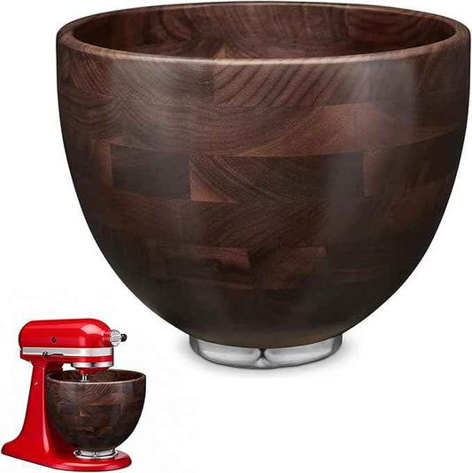 5 Qt Solid Wood Mixing Bowl Compatible with KitchenAid Tilt-Head Stand Mixer, Handcrafted Natural Wooden Bowl for 4.5-5 Qt K45SS KSM75 KSM150, Ideal for Bread Dough & Salads (Dark Brown)