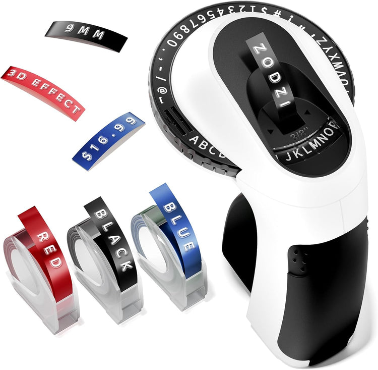 Zodzi Embossing Label Maker, Vintage Embossed Label Makers, Manual Retro Label Maker Machine for Home Kitchen Office Kids School Items, Old School Embosser with 3 Rolls 9mm 3D Labeler Waterproof Tapes