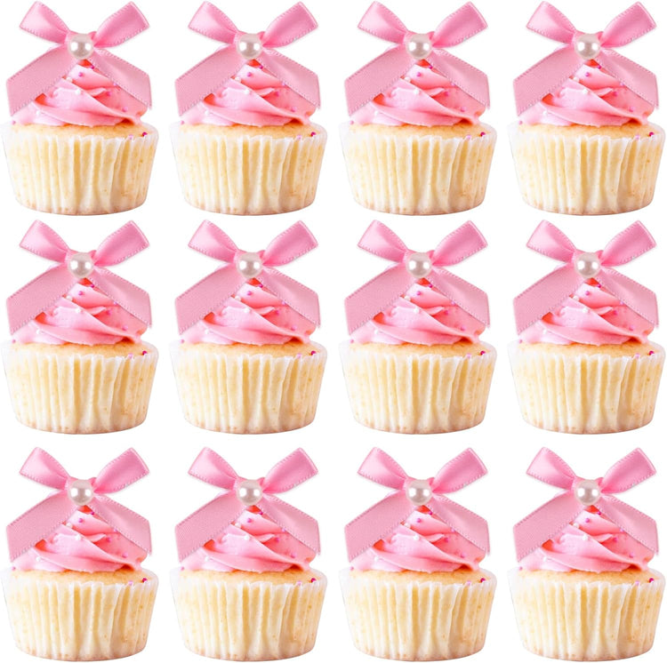 12 Pcs Mini Pink Pearl Bow Cake Toppers Pearl Bows Cake Decorations Ribbon Bowknot Birthday Cupcake Topper Pearls Bow Knot Ornament for Bachelorette Birthday Engagement Wedding Party Supplies