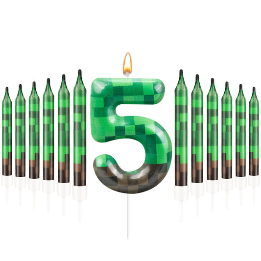 13 Pcs Dynamite Candles 12 TNT Themed Birthday Cake Candles and Number 5 Candle Cake Topper for Pixel Theme Birthday Party Anniversary Party Dynamite Theme Party Video Game Party Supplies (13 Count)