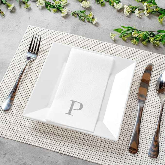 Luxenap 15.8 X 7.9 Inch Linen-Feel Guest Towels, 2000 Lettered Hand Towels - Silver Letter 'P', Sans Serif Font, White Paper Dinner Napkins, airlaid, For Restrooms And Tables - Restaurantware