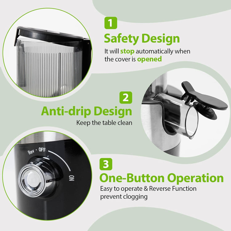 Aeitto Cold Press Juicer, Juicer Machines with 4.9" Large Feed Chute, Fits Whole Vegetables and Fruits, Professional Juice Maker, Easy to Clean, High Juice Yield, Easy to Assemble,Black