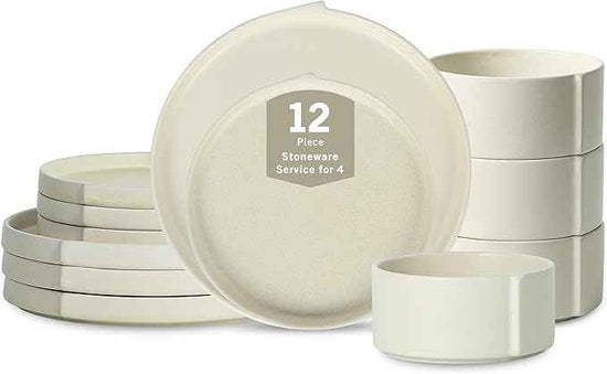 Stone Lain Bao 12-Piece Stoneware Dinnerware Set – Beige, Service for 4, Contemporary Round Dinner & Salad Plates with Cereal Bowls, Modern Tableware for Daily Dining, Hosting & Kitchen Décor