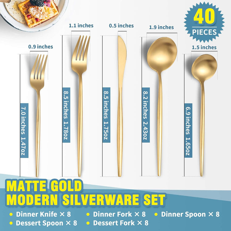 Matte Gold Silverware Set for 8,Modern Stainless Steel Brushed Cutlery Set,40-Pieces Heavy Duty Flatware Set,Knives Spoons and Forks Set Utensils Set,Satin Finish,Dishwasher Safe