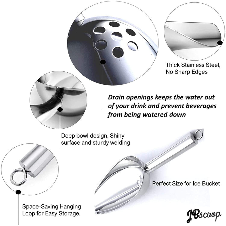 Ice Scoop with Holes. Stainless Steel Ice Scoop with Drain Holes to Reduce Unwanted Dilution. Heavy Duty and Dishwasher Safe. Six Ounce Capacity