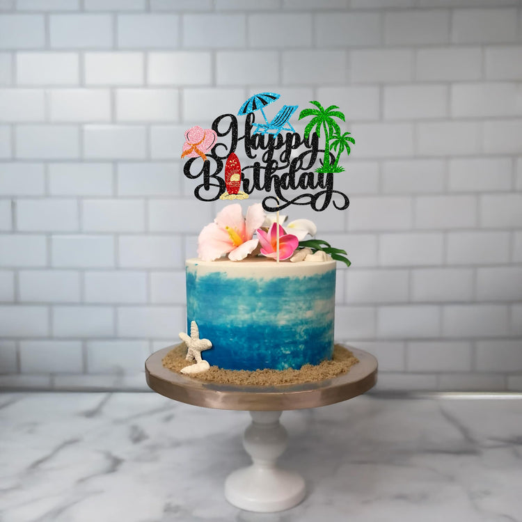 1Pcs Summer Beach Happy Birthday Cake Topper Glitter Ball Tree Umbrella Pool Cake Pick for Hawaiian Holiday Baby Shower Birthday Party Cake Decorations Supplies Black