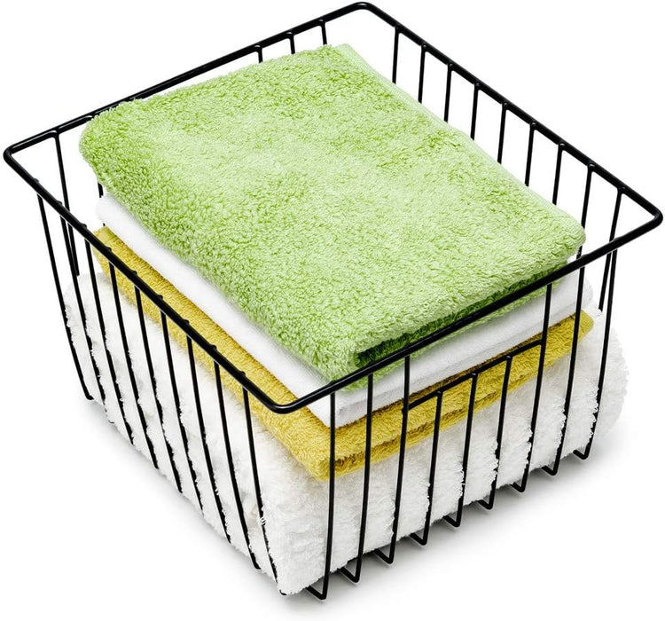 Slideep Refrigerator Freezer Organizer Wire Storage Basket, Farmhouse Food Wire Bins Container with Handles for Kitchen, Pantry, Freezer, Cabinet, Car, Bathroom Black 4 Pack