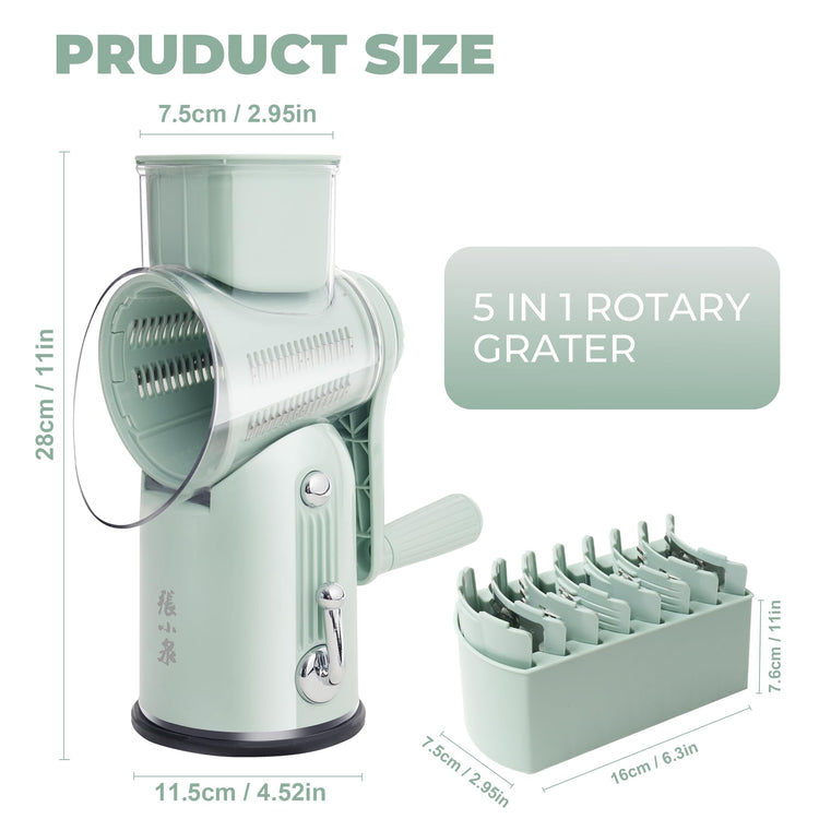 Rotary Cheese Grater Manual Hand Crank with 5 Blades & Suction Base