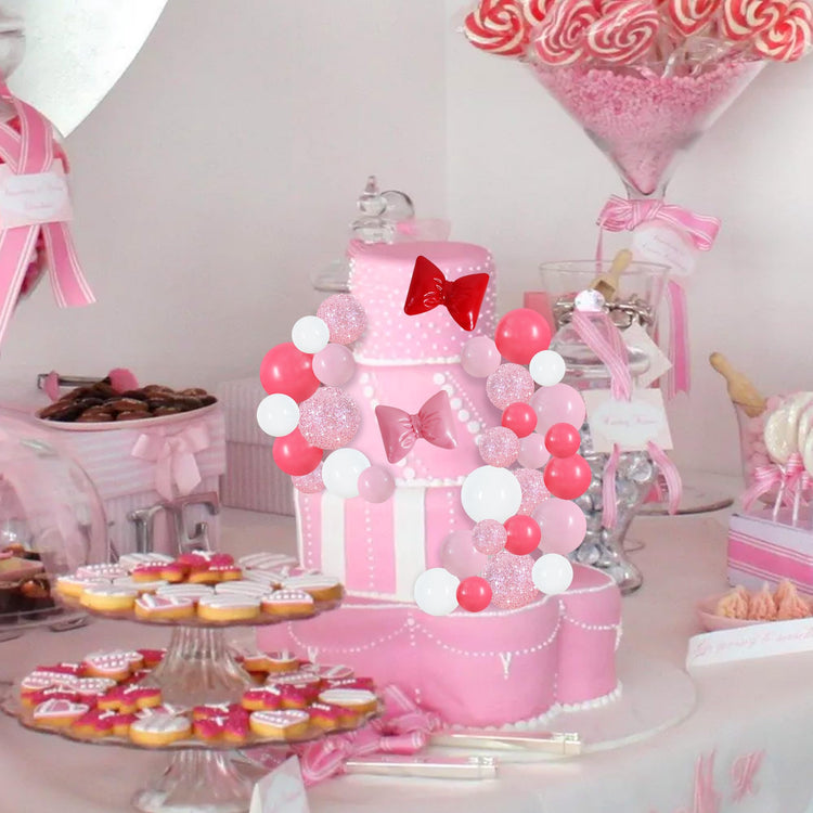 42 pcs Foam Ball Cake Toppers with Sticks Includes 2 Bow Cake Decor Perfect for Birthday Party Pink&White Theme Party Decor Wedding Anniversary Celebration (42 Count)