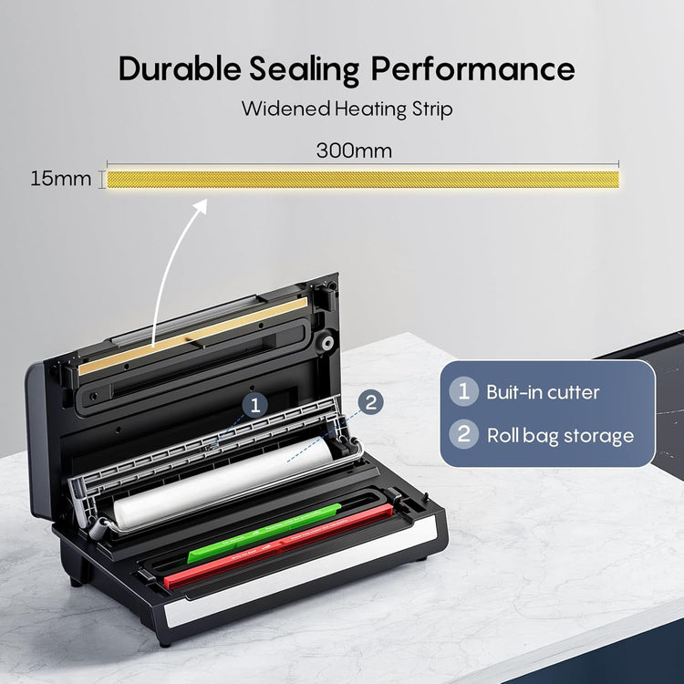 Automatic Vacuum Sealer, Powerful Food Vacuum Sealer Machine, Auto Dry-Wet Detection | Bag Cutter | 2 Rolls Bags | Effortless Operation, Black