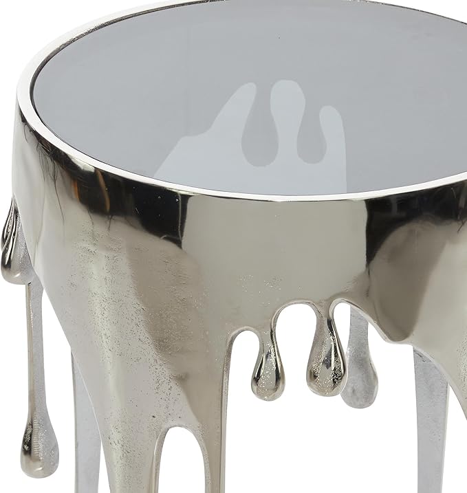Deco 79 Aluminum Metal Side End Accent Table Drip End Table with Melting Design and Shaded Glass Top, Side Table 16" x 16" x 25", Silver