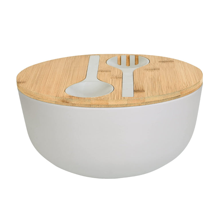 Bamboo Fiber Salad Bowl with Servers Set Large 9.8inches Nature Bamboo Mixing Bowl with Servers with Lid Spoon and Fork for Fruits