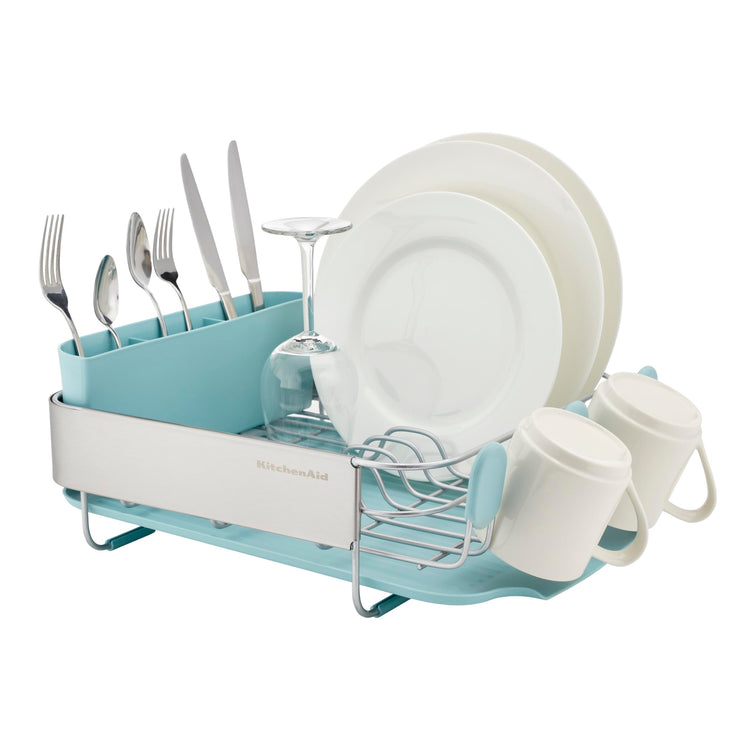 Compact Space Saving Rust Resistant Dish Rack with Removable Flatware Caddy and Angled Self Draining Drainboard