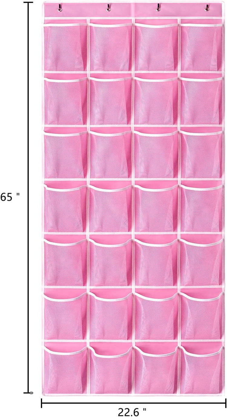 KEEPJOY 28 Pockets Hanging Shoe Organizer, Over the Door Shoe Organizer, Hanging Door Shoe Holder Rack with Mesh Pockets Large Size 65 x 23 Inch (Pink-1Pack)
