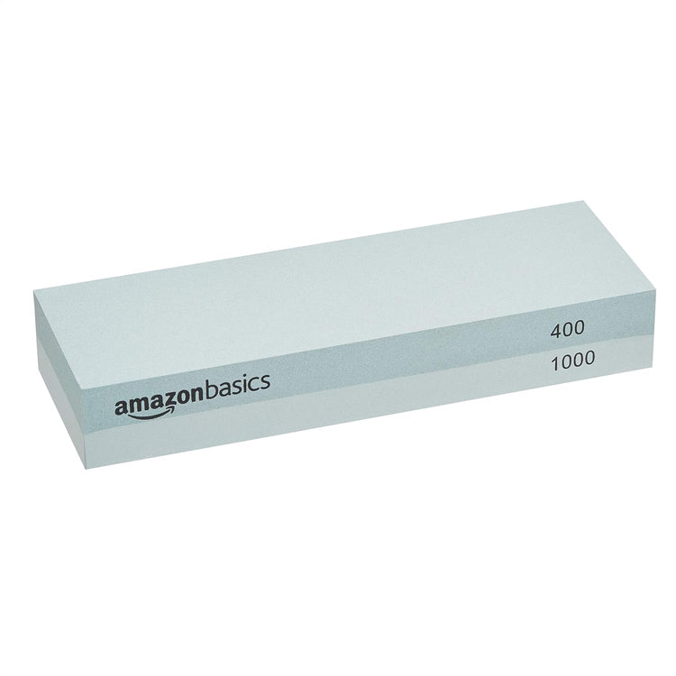 Amazon Basics Whetstone Knife Sharpening Wet Stone Dual Sided 400/1000 and 3000/8000 Grit Stones, Flattening Stone, and Non-Slip, Bamboo Base, 3 Count (Pack of 1), Black & Grey