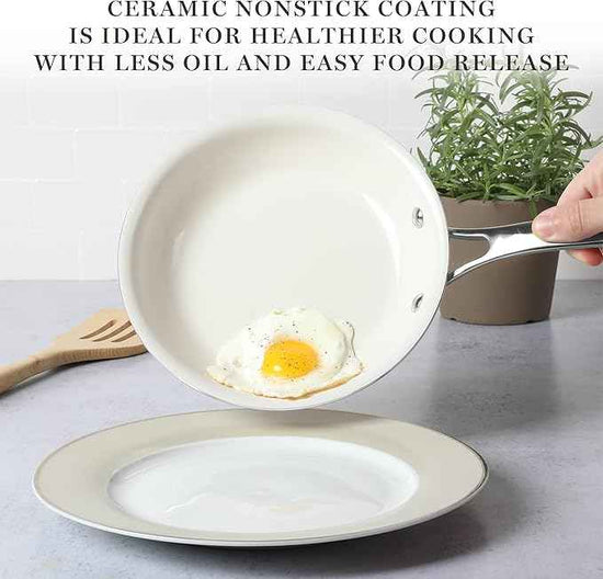 Martha Stewart Lockton Premium Nonstick PFA Free Ceramic Interior 10 Piece Enamel Heavy Gauge Aluminum Pots and Pans Cookware Set - Butter Cream