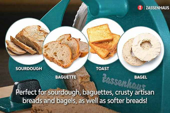 Zassenhaus Original Classic Adjustable Bread Slicer for Uniform Slices - Bread Slicer for Homemade Bread - 18/8 Stainless Steel Blade Sourdough Cutter-Water Blue 11.75" x 8"