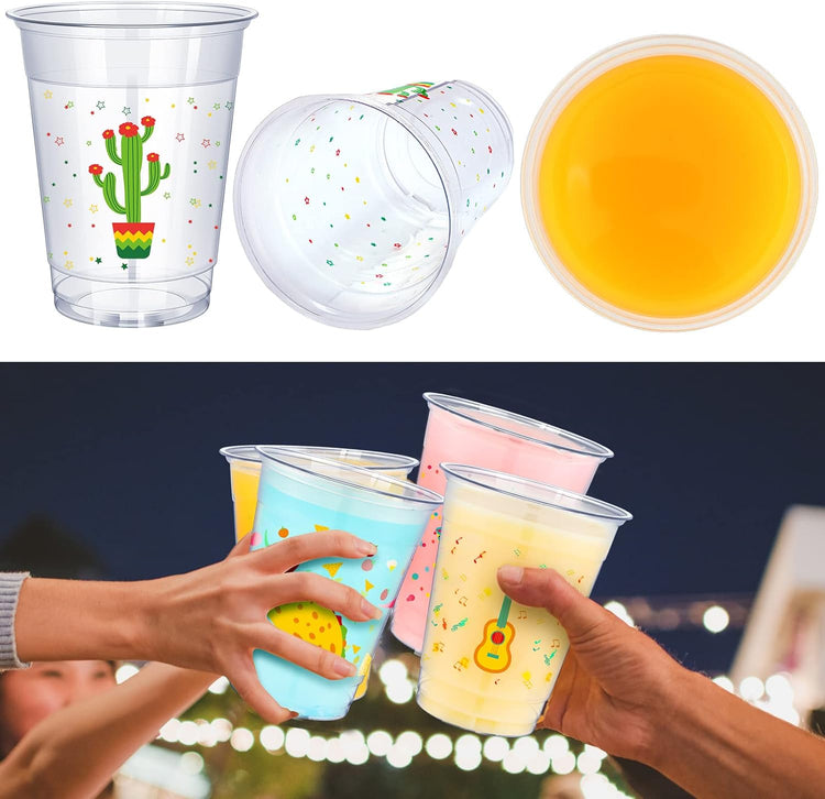 meekoo 50 Pack 12 oz Fiesta Cups Plastic Mexican Cups Clear Disposable Mug Cinco De Mayo Party Decorations for Fiesta Taco Birthday Party Drinkware Supplies, 4 Styles