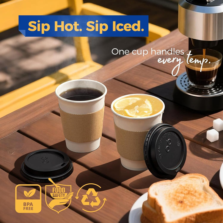 Fit Meal Prep 100 Pack 12 oz Disposable Coffee Cups with Lids, Sleeves, Leak-Proof To Go Coffee Cups with Lids, Durable Paper Cups for Hot Beverage, Home, Office, Party