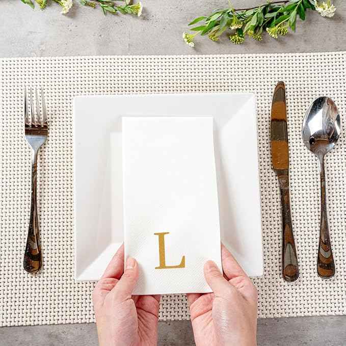 Luxenap 15.8 X 7.9 Inch Linen-Feel Guest Towels, 50 Lettered Hand Towels - Gold Letter 'L', Sans Serif Font, White Paper Dinner Napkins, airlaid, For Restrooms And Tables