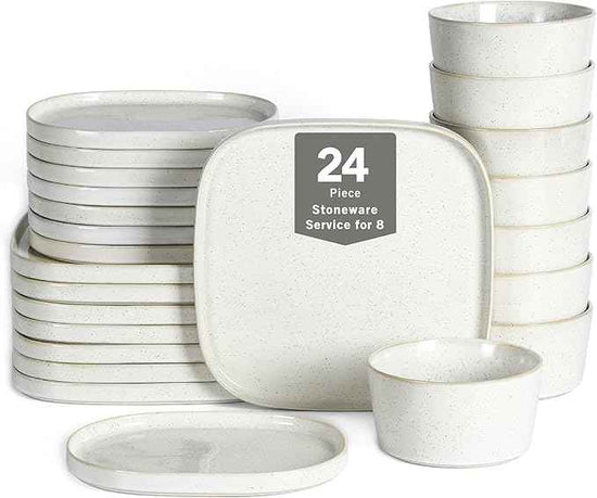 Stone Lain Cairo 24-Piece Dinnerware Set Stoneware, Plates and Bowls Set, Microwave and Dishwasher Safe, Includes Dinner and Salad Plates, Cereal Bowls, Dish for 8, White Speckled