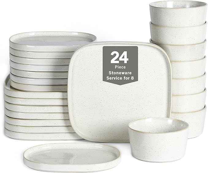 Stone Lain Cairo 24-Piece Dinnerware Set Stoneware, Plates and Bowls Set, Microwave and Dishwasher Safe, Includes Dinner and Salad Plates, Cereal Bowls, Dish for 8, White Speckled