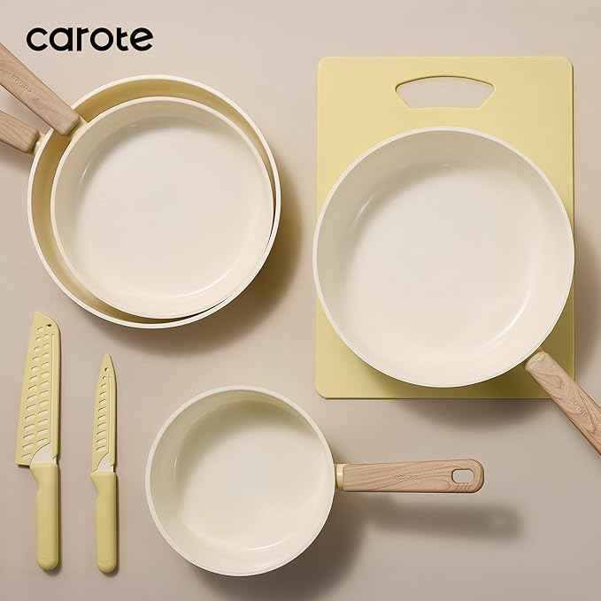 CAROTE 24pcs Ceramic Cookware Set, Pots and Pans Non Stick Kitchen Cookware Sets, Pots and Pans Set Cooking Set with Knife Set