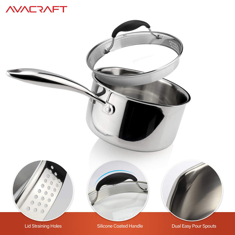 Tri Ply Stainless Steel Saucepan with Glass Strainer Lid