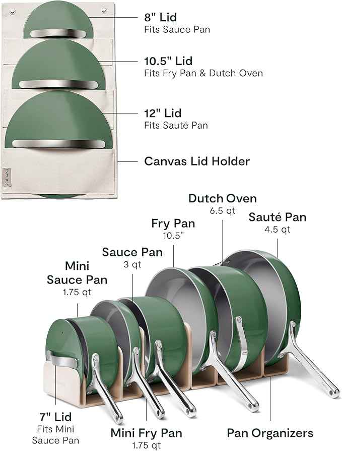 Caraway 24-Piece Nonstick Ceramic Cookware Set - Includes Fry Pans, Sauce, Sauté Pan, Dutch Oven, Petite Cooker, Stir Fry, Rondeau, Stock Pot, Lids & Storage Organizers - Sage