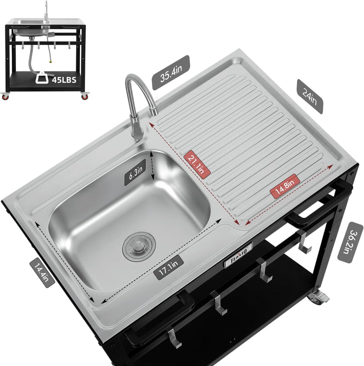 35” Outdoor Grill Cart with Sink, Outdoor Kitchen Sink Station with Hose Hook Up, Free Standing Sink with Wheels, Stainless Steel Sink with Single Bowl, Outdoor Utility Sink with Faucet