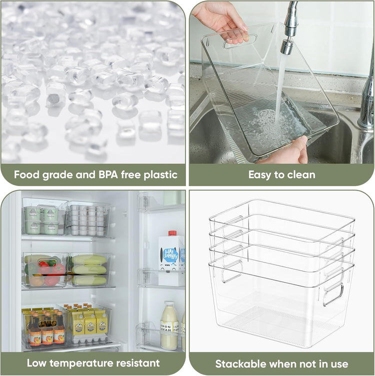 BALEINE Clear Plastic Storage Bins, Pantry Organization, BPA Free Stackable Refrigerator Organizers and Storage with Handles for Kitchen Fridge Cabinet Bathroom (4PK, 11x7.5x6)