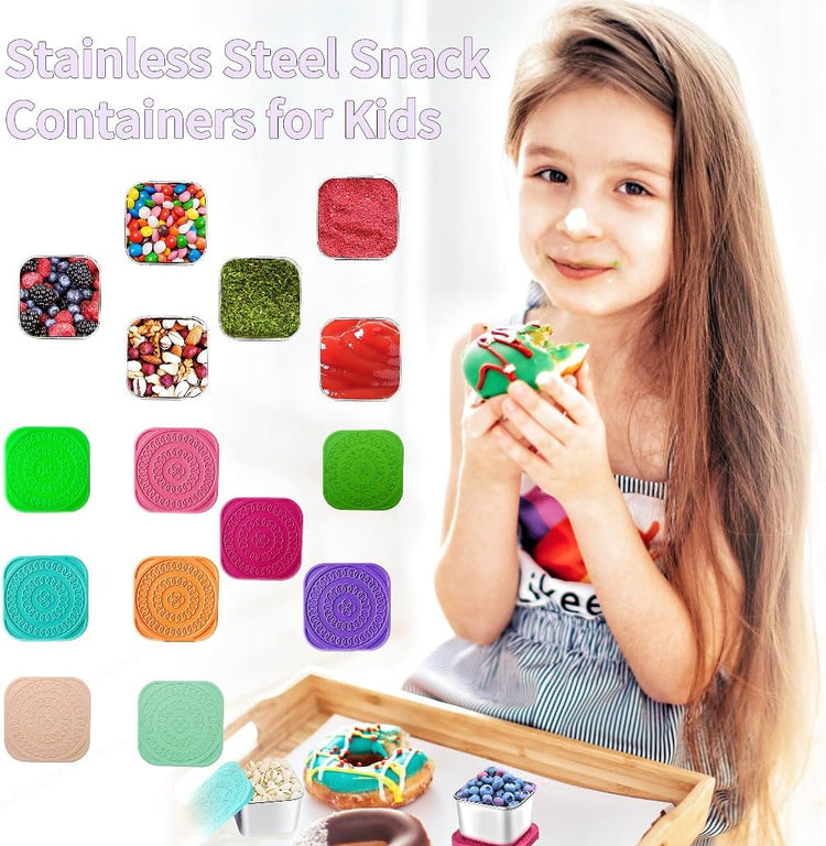 6Pack 6oz Stainless Steel Snack Containers for Kids, Easy Open Leak Proof Metal Toddler Snack Containers with Silicone Lids, Stackable Metal Toddler Lunch Box for School-U.S.Design Patent