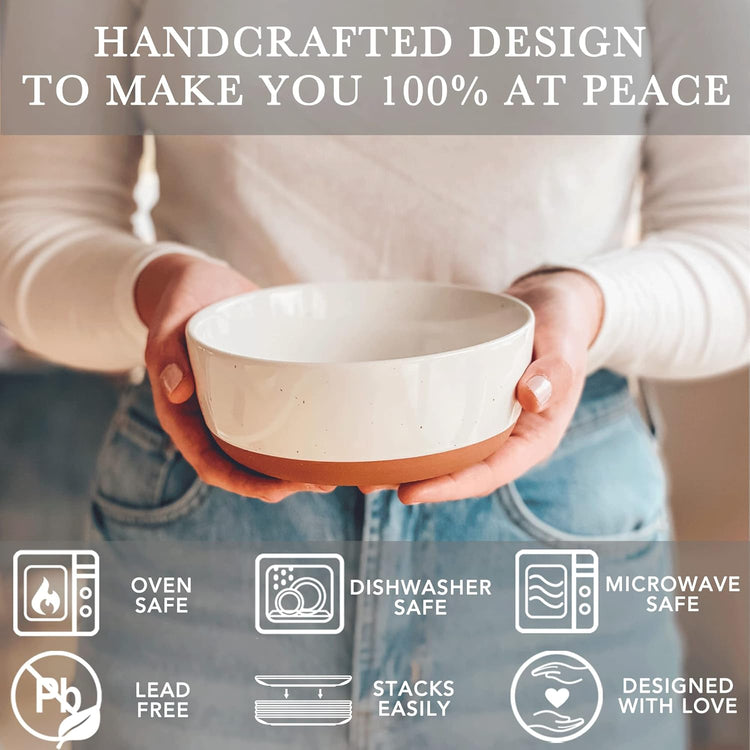Mora Ceramic Flat Bowls Set of 4-25 oz- For Soup, Salad, Rice, Cereal, Breakfast, Dinner, Serving, Oatmeal, etc - Microwave, Dishwasher and Oven Safe Porcelain Bowl for Eating and Kitchen - Vanilla