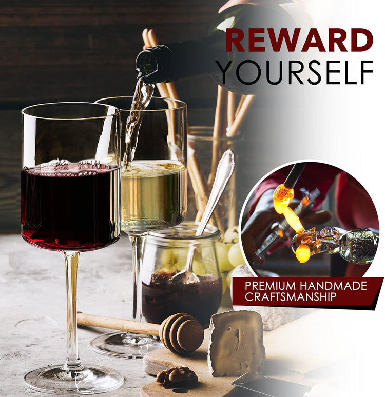Chouggo Square Wine Glasses Set of 6, Hand Blown Crystal Red Wine or White Wine Glass 11.4Oz - Hand Crafted by Artisans - Gifts for Women, Men, Wedding, Anniversary, Christmas, Birthday