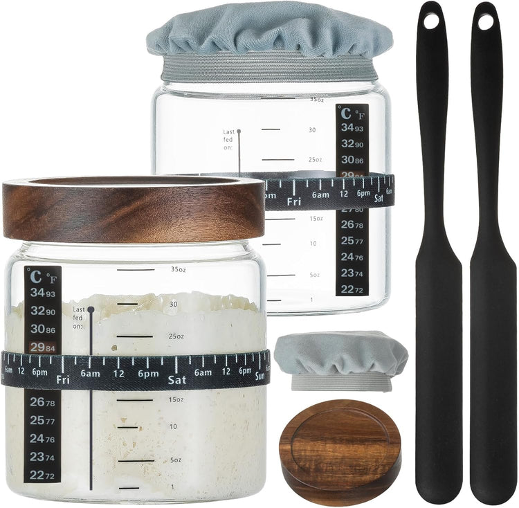 Wissy&Konny Sourdough Starter Jar 2Pack 35OZ with Ounce Scale Line,Date Marked Feeding Band, Thermometer, Sourdough Jar Scraper, Cloth Cover & Wood Lid, Wide Mouth for Sourdough Bread Baking